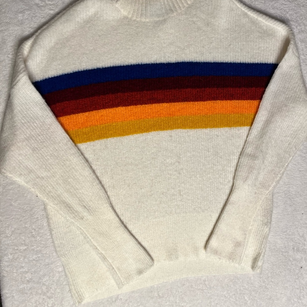 Express Cream Crewneck Sweater with Blue, Burgundy, Orange and Yellow Stripes